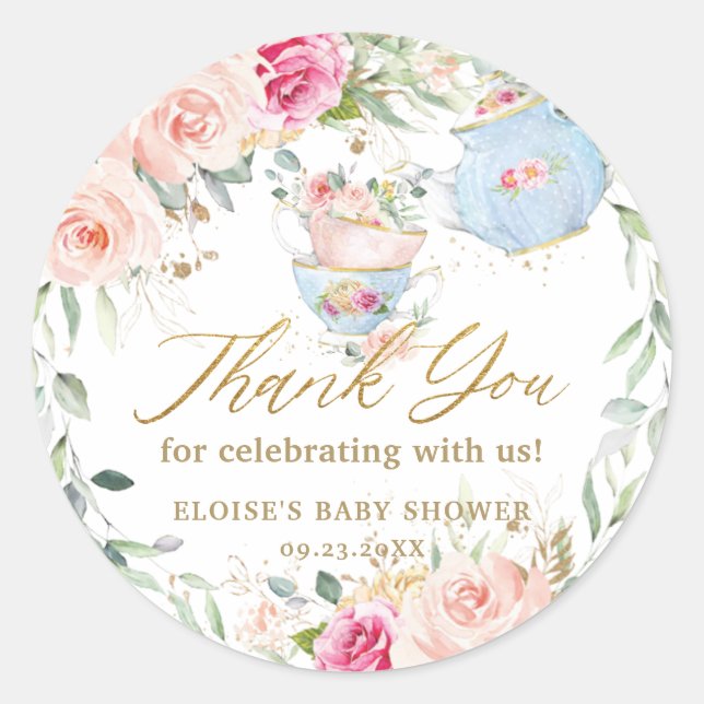 Sticker Rond Thé Dansant Fleur Rose Fête de Naissance Mariage A (Devant)