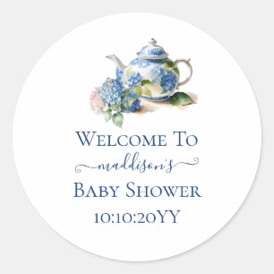 Sticker Rond Thé dansant pour Baby Shower avec Hydrangeas bleus