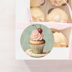 Sticker Rond Thé de fête d'anniversaire avec cupcakes roses vin