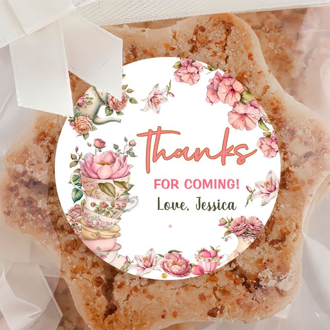 Sticker Rond Thé de fête pour deux fleurs roses brasser Anniver (Créateur téléchargé)