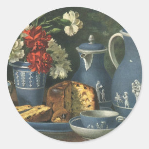 Sticker Rond Thé et café de l'après-midi vintage, gâteau, fleur
