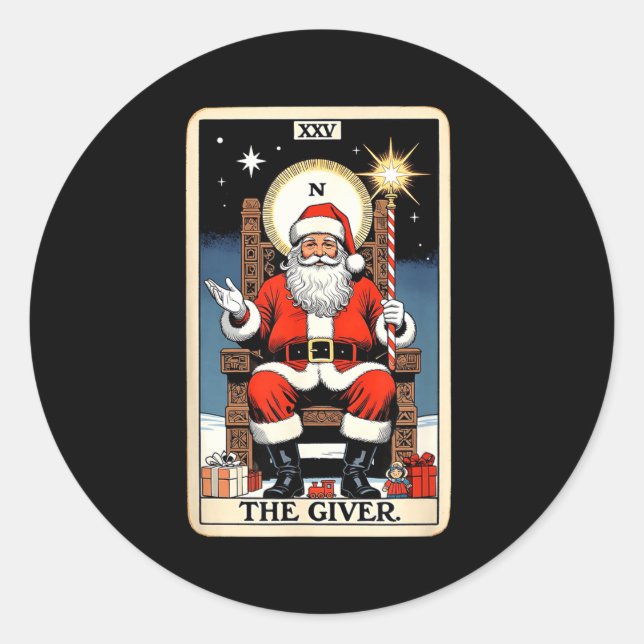 Sticker Rond The Giver Santa Tarot Card Style Christmas Graphic (Devant)