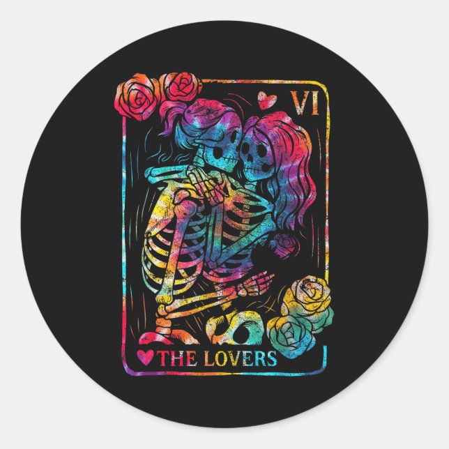 Sticker Rond The Lovers Tarot Card Gothic Occult Kissing Skelet (Devant)