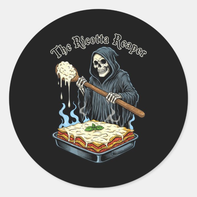 Sticker Rond The Ricotta Reaper Funny Italian Halloween Lasagna (Devant)