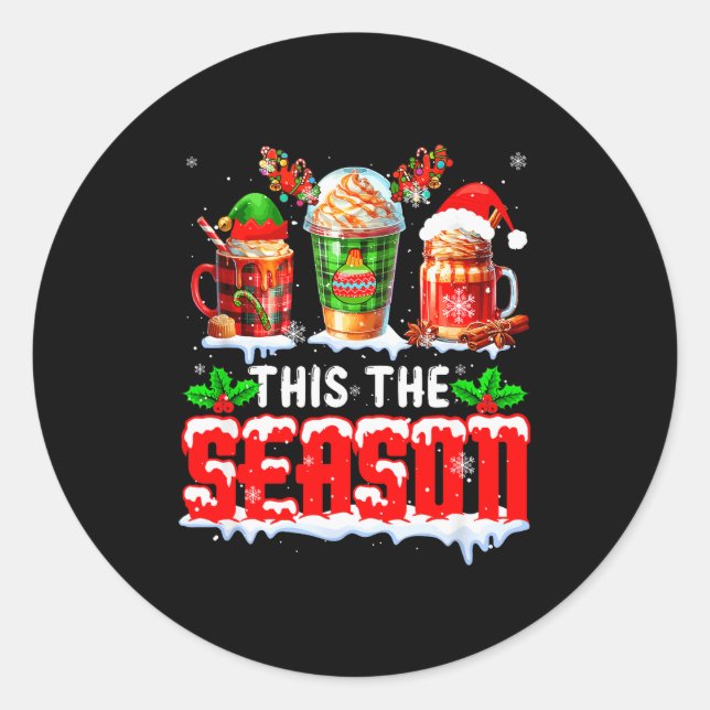 Sticker Rond The Season Christmas Three Santa Reindeer Elf Coff (Devant)