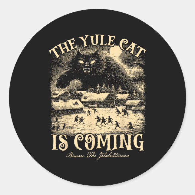 Sticker Rond The Yule Cat Is Coming Gothic Christmas Winter Sol (Devant)