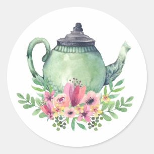 Sticker Rond Théière à l'aquarelle avec bouquet floral