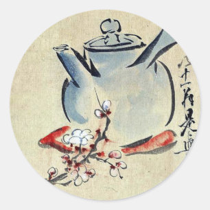 Sticker Rond Théière aux fleurs de cerise ou de prune Ukiyoe