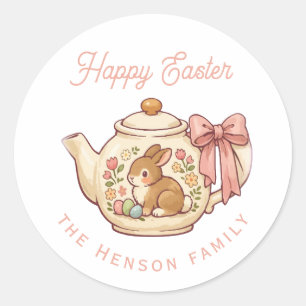 Sticker Rond Théière de lapin de Pâques personnalisée Fête flor