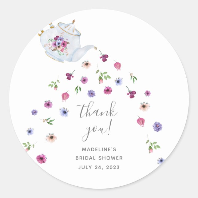 Sticker Rond Théière Fleurs Remerciement pour la Fête de Mariag (Devant)