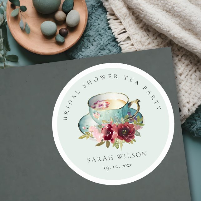 Sticker Rond Théière florale sarcelle et or Fête de thé Mariage (Créateur téléchargé)