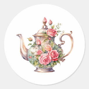 Sticker Rond Théière florale vintage avec Roses