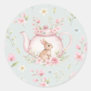 Sticker Rond Théière Lapin Mignon Fleurs Roses Printemps