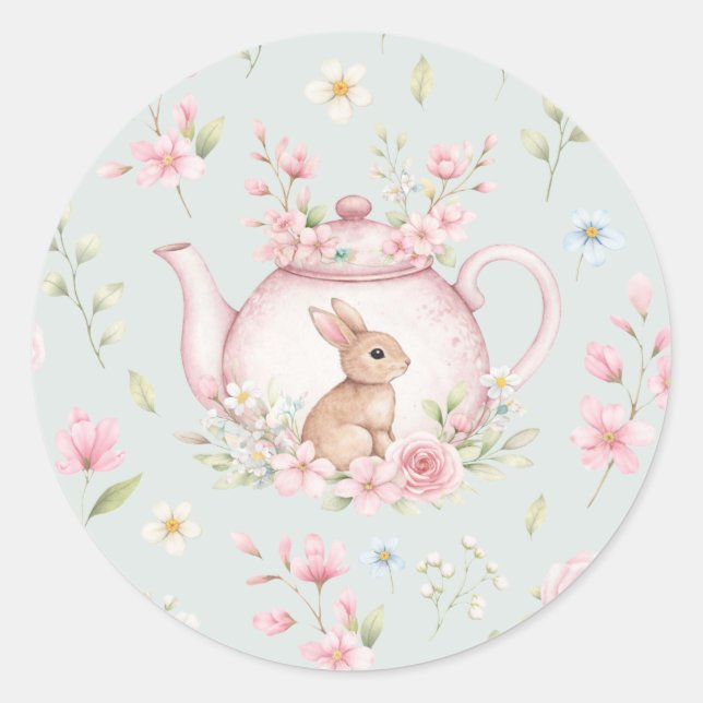 Sticker Rond Théière Lapin Mignon Fleurs Roses Printemps (Devant)