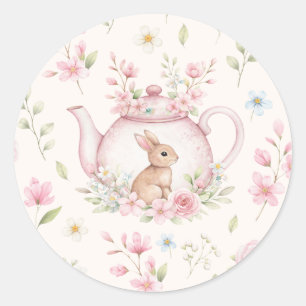 Sticker Rond Théière Lapin Mignon Fleurs Roses Printemps