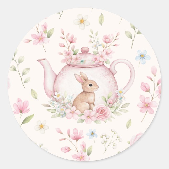 Sticker Rond Théière Lapin Mignon Fleurs Roses Printemps (Devant)
