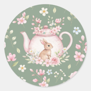 Sticker Rond Théière Lapin Mignon Fleurs Roses Sauge Verte Prin