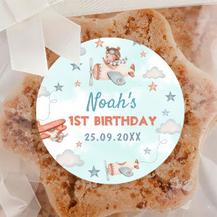 Sticker Rond Thème 1er anniversaire de l'avion de Cute Boy