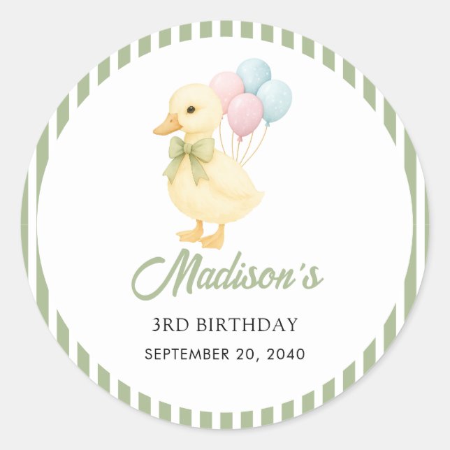 Sticker Rond Thème Anniversaire Enfant Canard Mignon Rayures Pr (Devant)