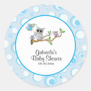 Sticker Rond Thème Baby shower Blue Baby Owl
