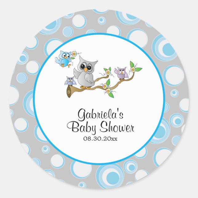 Sticker Rond Thème Baby shower de la chouette des bébés bleu et (Devant)
