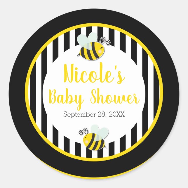 Sticker Rond Thème Bumble Noir Blanc Jaune Bébé Shower (Devant)