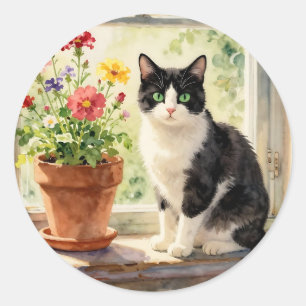 Sticker Rond Thème Chat et Fleur