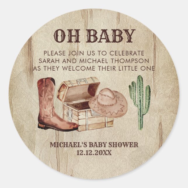 Sticker Rond Thème cow-boy de Baby Shower rustique occidental (Devant)