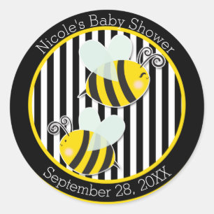 Sticker Rond Thème d'abeille noir blanc jaune pour Baby Shower