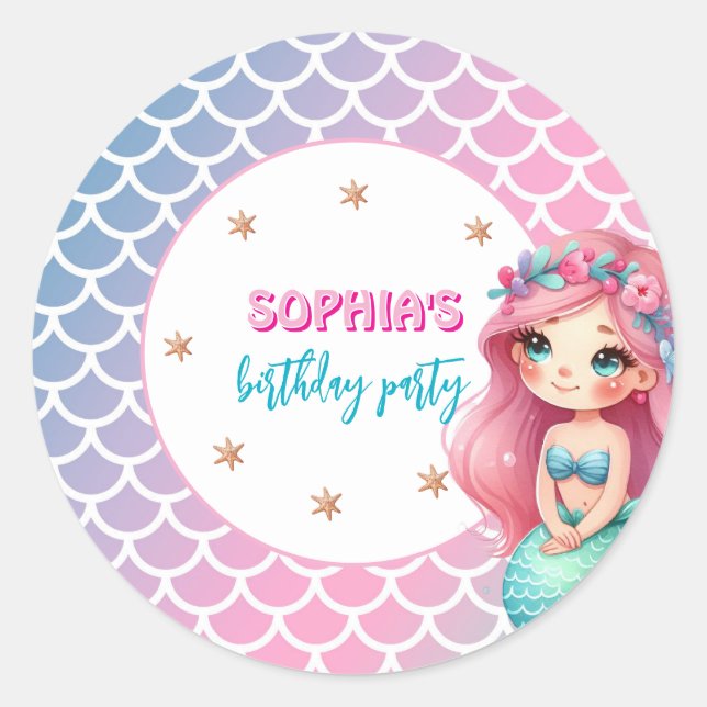 Sticker Rond Thème d'anniversaire à motif d'écailles de sirène (Devant)
