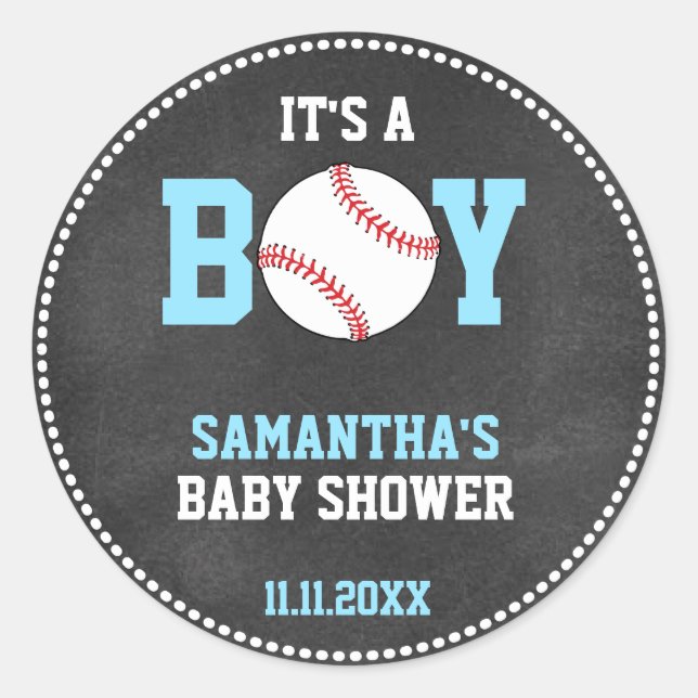 Sticker Rond Thème de baseball Bébé Douche Chalkboard Blue Boy (Devant)