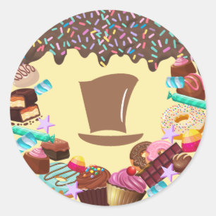Sticker Rond Thème de bonbons, chocolat, billet d'or, arc-en-c
