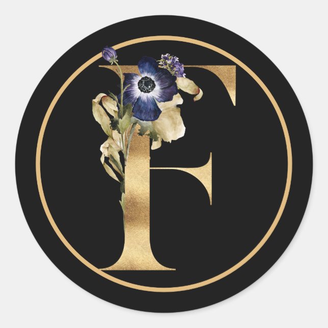 STICKER ROND THÈME DE CHUTE MONOGRAMME D'OR F AVEC ARRANGEMENT  (Devant)