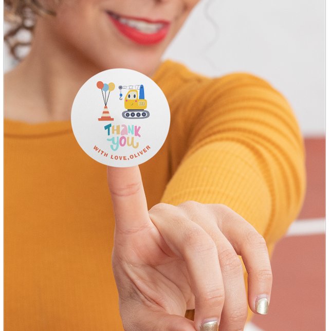 Sticker Rond Thème de construction mignonne Anniversaire Merci (Créateur téléchargé)