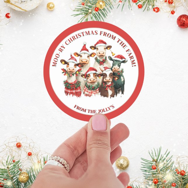Sticker Rond Thème de ferme personnalisée Vaches festives Noël (Créateur téléchargé)