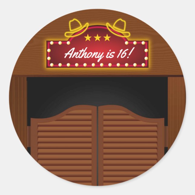 Sticker Rond Thème de fête d'anniversaire 16 ans de cow-boy de  (Devant)
