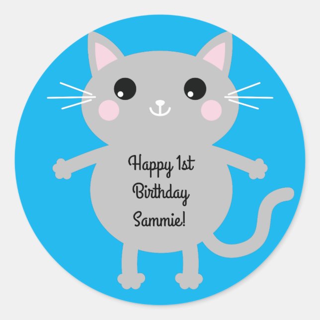 Sticker Rond Thème de fête d'anniversaire de Cat Cute Kitty (Devant)