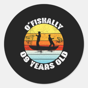 Sticker Rond Thème de fête d'anniversaire de pêche de 9 ans O'f