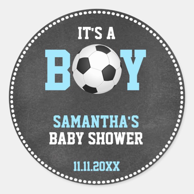 Sticker Rond Thème de football Baby shower Chalkboard Blue Boy (Devant)