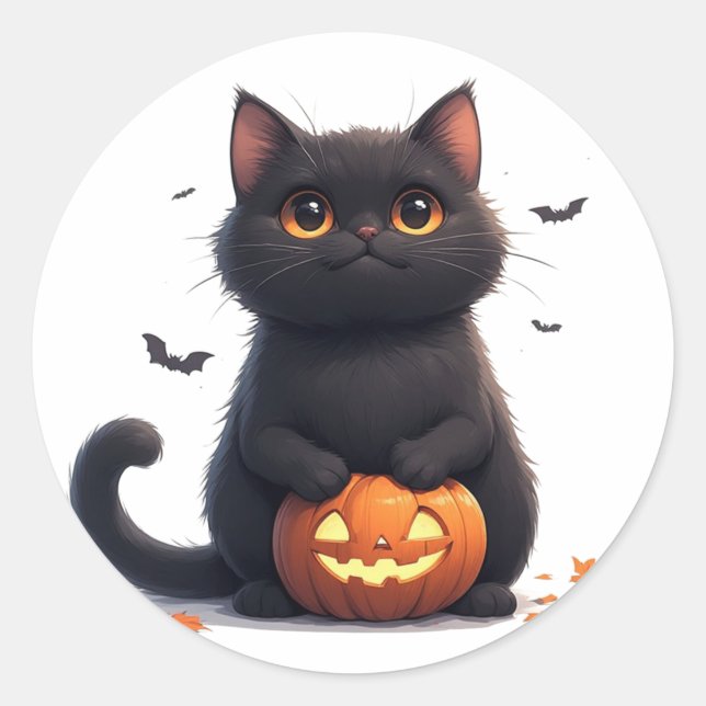 Sticker Rond Thème de Halloween Magique avec Chat Noir Mignon � (Devant)