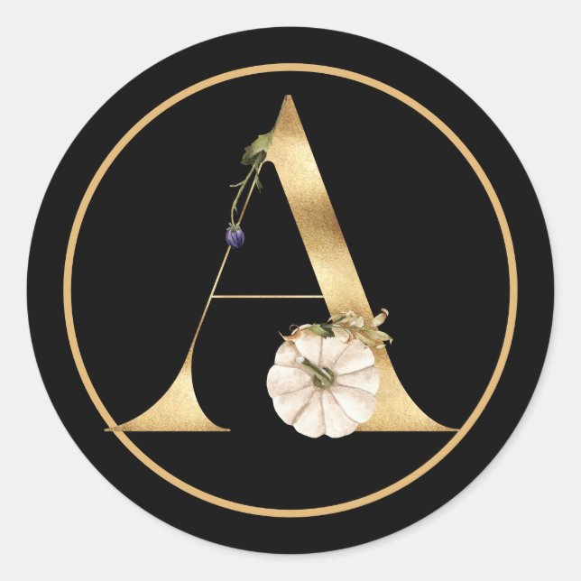 STICKER ROND THÈME DE LA CHUTE MONOGRAMME D'OR A AVEC CITROUILL (Devant)