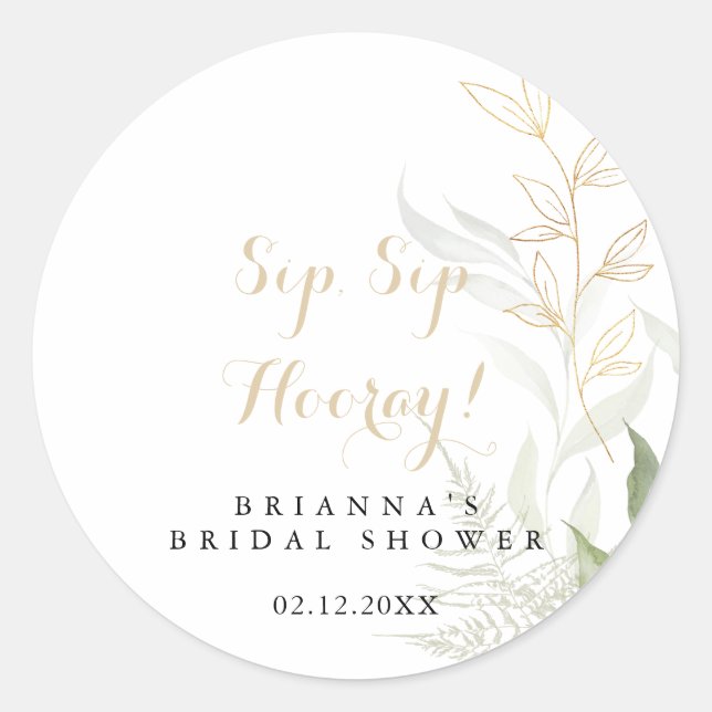 Sticker Rond Thème de mariage Gold Green Foliage Sip Sip Hooray (Devant)