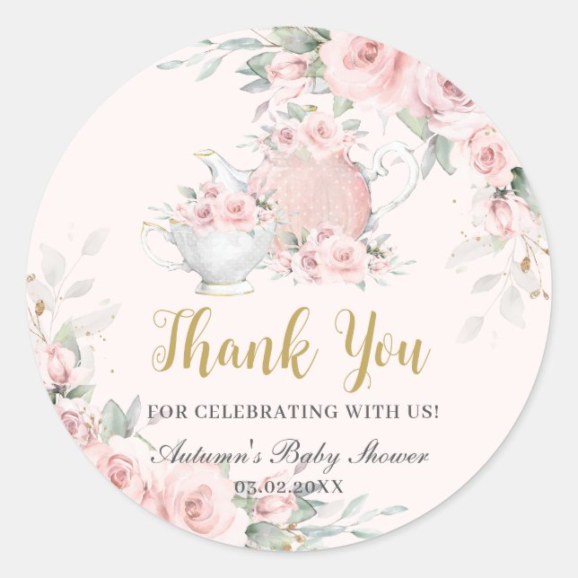 Sticker Rond Thème de thé à la mode rétro rose avec fleurs pour (Devant)