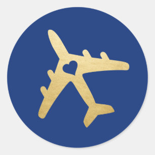 Sticker Rond Thème de voyage en forme de cœur d'avion doré ÉDIT