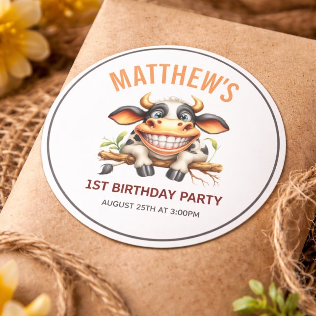 Sticker Rond Thème Ferme de Vache Mignonne Folle 1er Anniversai (Cute Crazy Cow Farm Theme 1st Birthday Classic Round Sticker
)