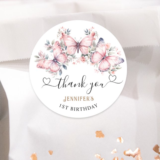 Sticker Rond Thème Papillon rose 1er anniversaire Favoriser Cla (Créateur téléchargé)