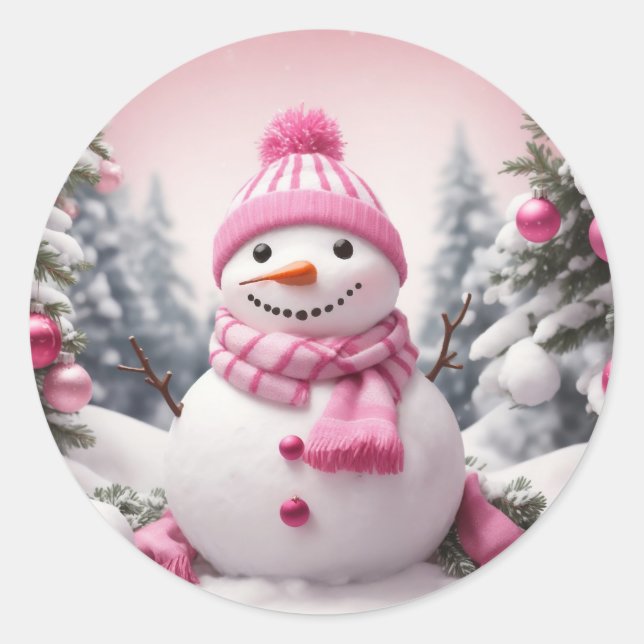 Sticker Rond Thème rose personnalisé Noël Snowman (Devant)
