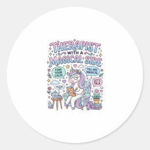 Sticker Rond Thérapeute Licorne avec un Cadeau Magique sur le C