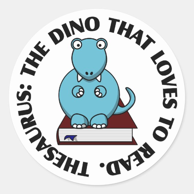 Sticker Rond Thésaurus : Un Dinosaure qui aime lire des livres (Devant)