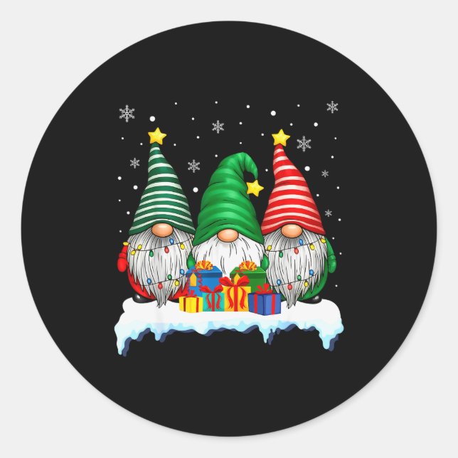 Sticker Rond Three Gnomes Tree Lights Men Women Matching Xmas H (Devant)